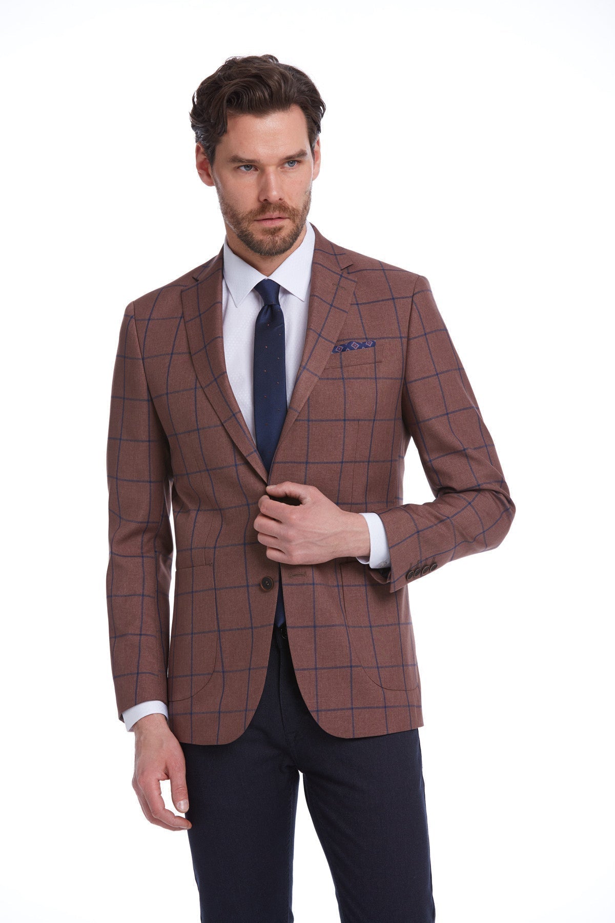 Slim Fit Notch Lapel Checked Brick Classic Blazer Brick K