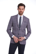 Slim Fit Notch Lapel Checked Brick Classic Blazer Gray K.