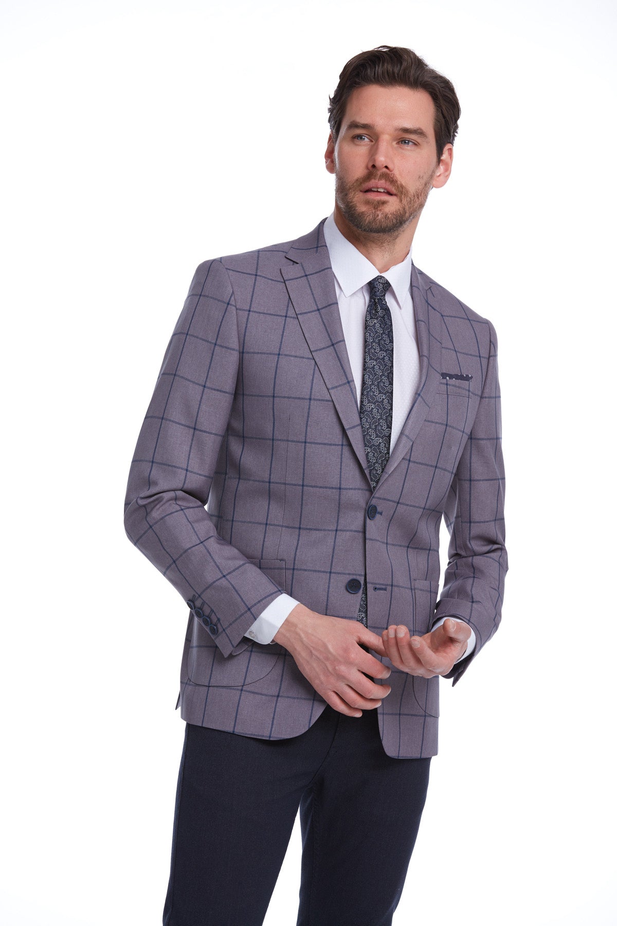 Slim Fit Notch Lapel Checked Brick Classic Blazer Gray K.