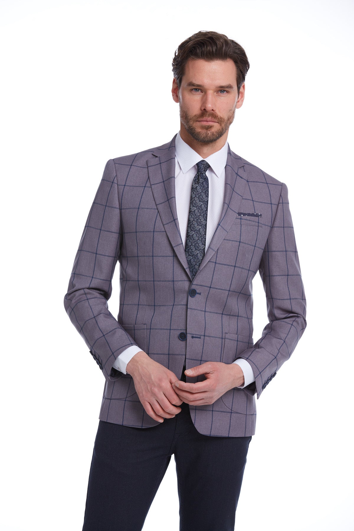 Slim Fit Notch Lapel Checked Brick Classic Blazer Gray K.