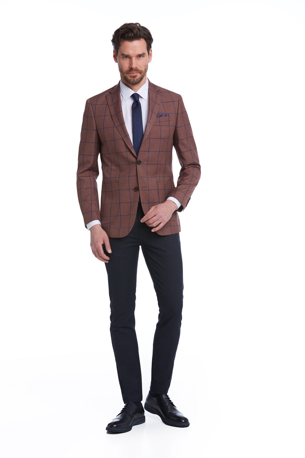 Slim Fit Notch Lapel Checked Brick Classic Blazer Brick K