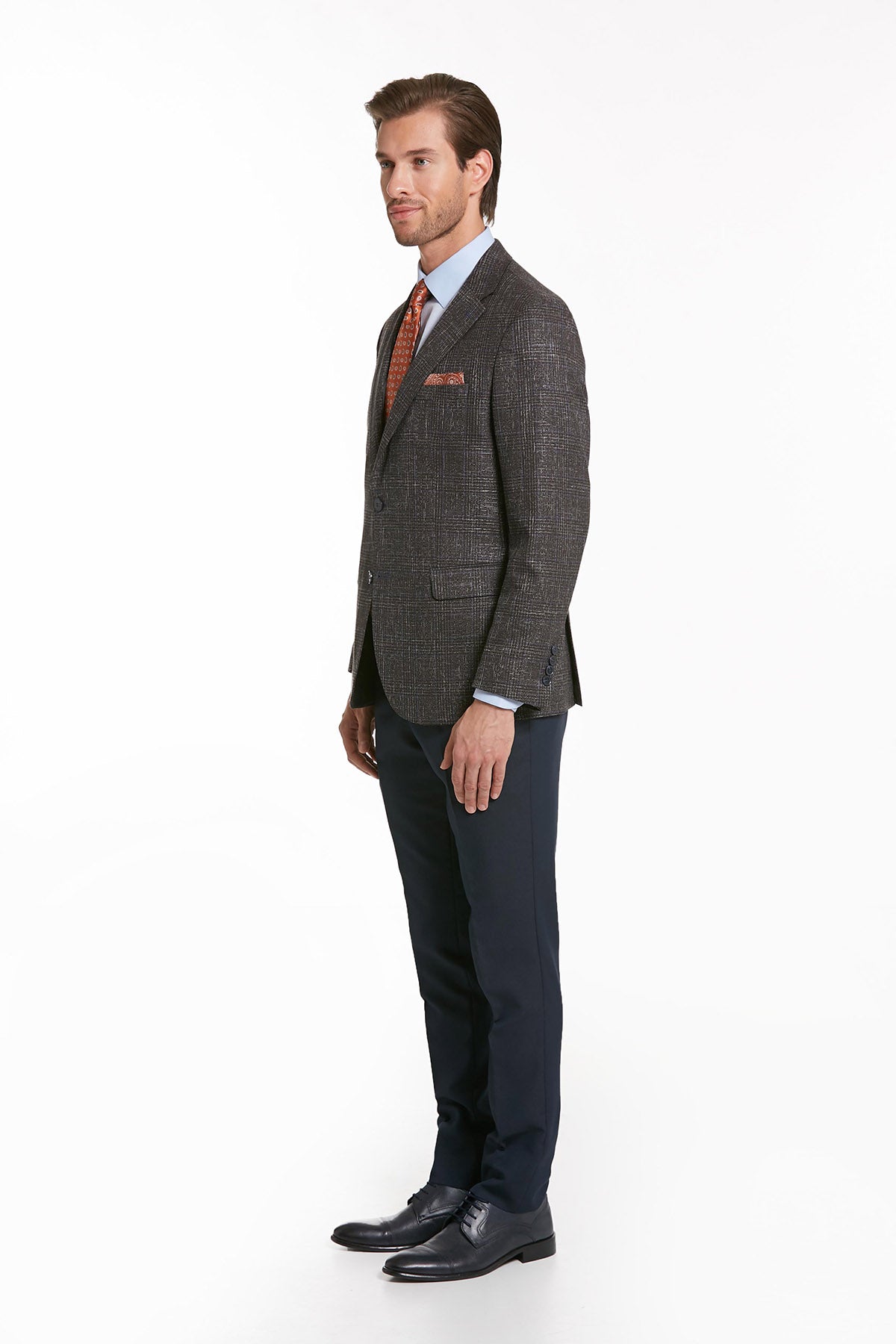 Slim Fit Notch Lapel Checked Casual Suit Brown K. - MIB