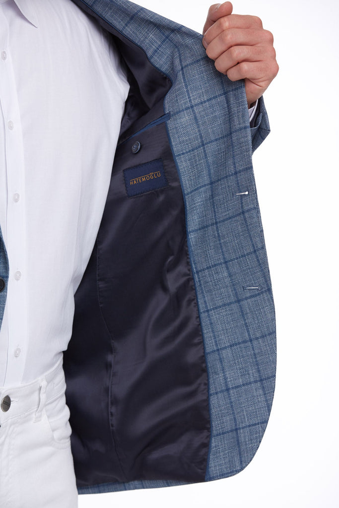 Slim Fit Notch Lapel Checked Linen Blue Classic Blazer