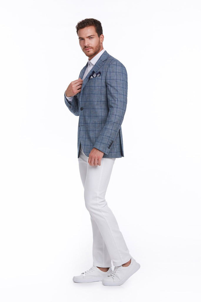 Slim Fit Notch Lapel Checked Linen Blue Classic Blazer