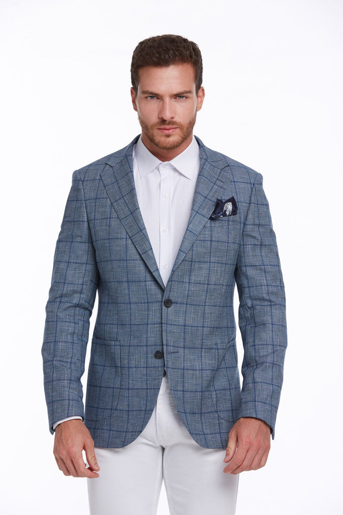 Slim Fit Notch Lapel Checked Linen Blue Classic Blazer