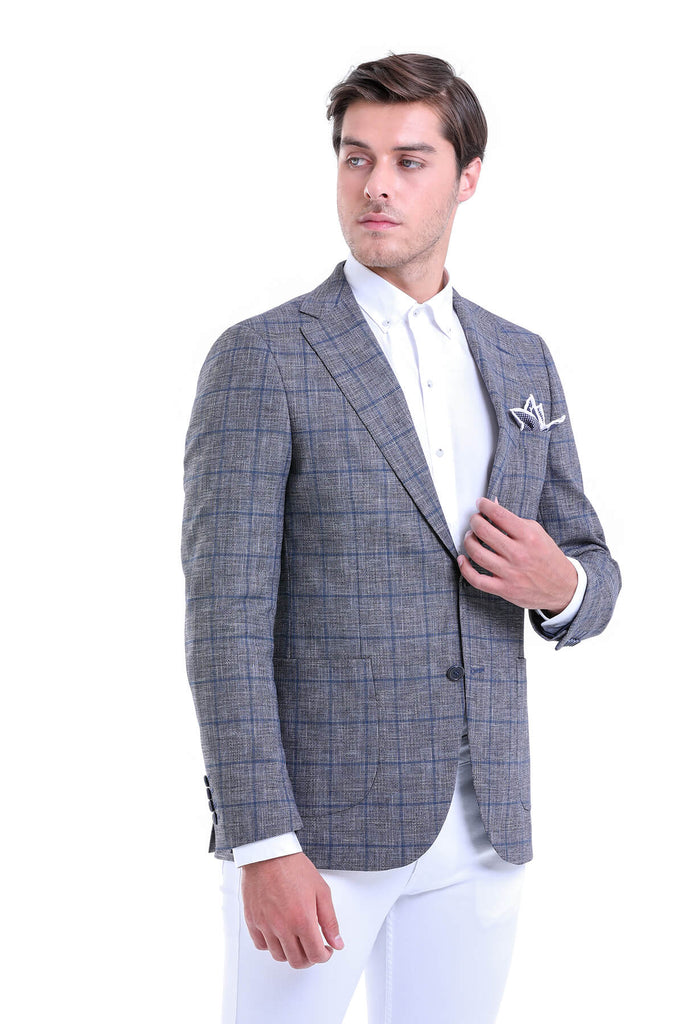 Slim Fit Notch Lapel Checked Linen Blue Classic Blazer