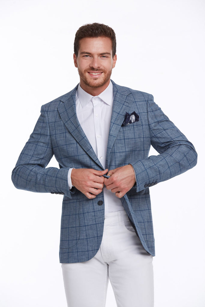 Slim Fit Notch Lapel Checked Linen Blue Classic Blazer