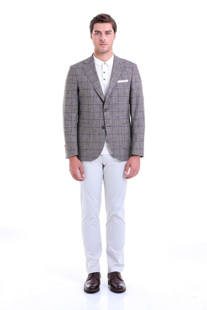 Slim Fit Notch Lapel Checked Linen Blue Classic Blazer