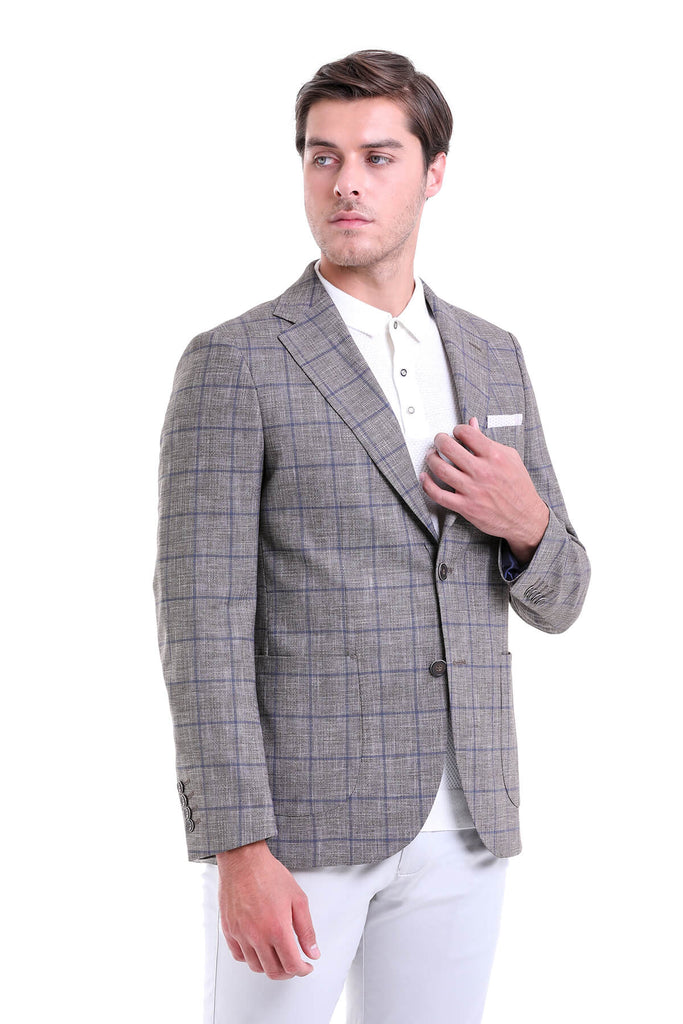 Slim Fit Notch Lapel Checked Linen Blue Classic Blazer