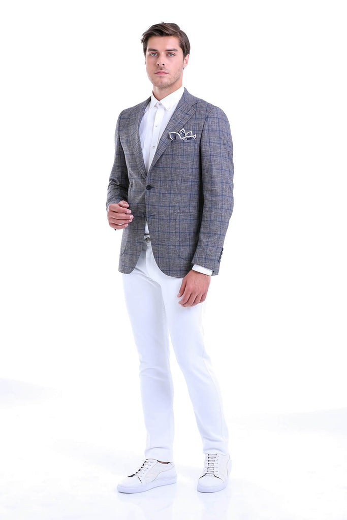 Slim Fit Notch Lapel Checked Linen Blue Classic Blazer