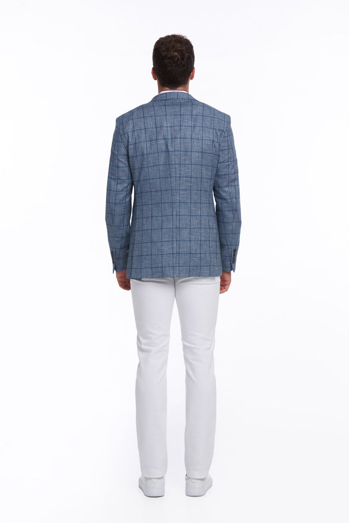 Slim Fit Notch Lapel Checked Linen Blue Classic Blazer