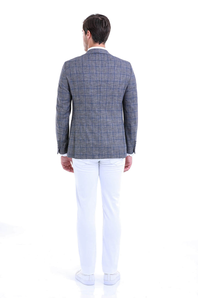 Slim Fit Notch Lapel Checked Linen Blue Classic Blazer