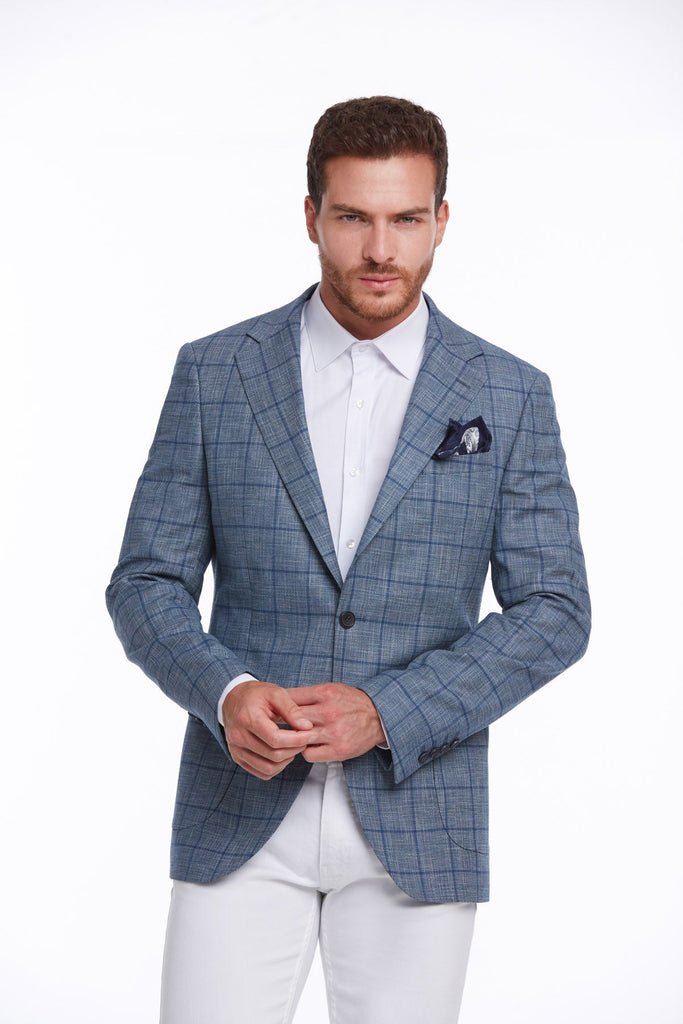 Slim Fit Notch Lapel Checked Linen Blue Classic Blazer