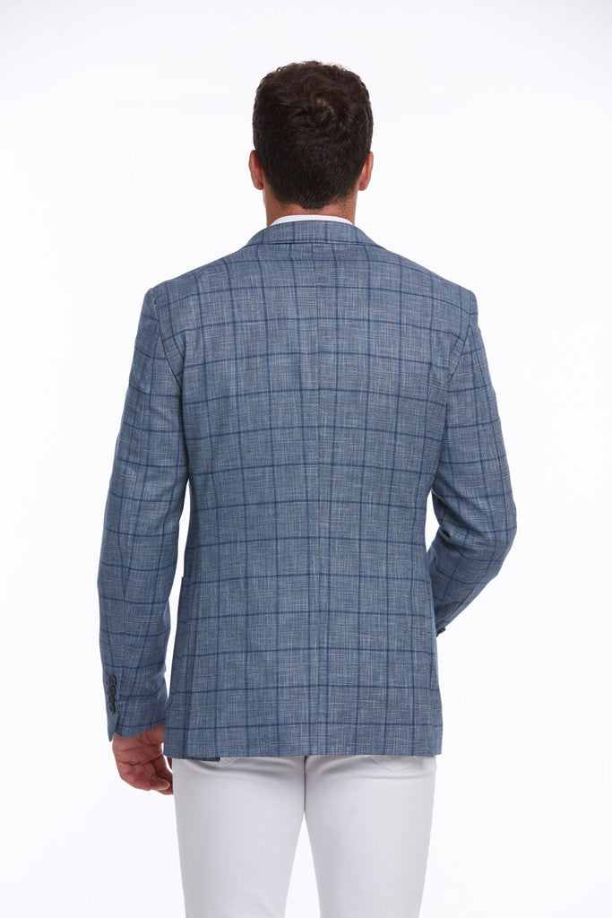 Slim Fit Notch Lapel Checked Linen Blue Classic Blazer