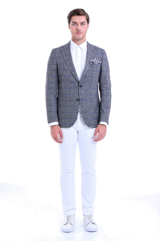 Slim Fit Notch Lapel Checked Linen Blue Classic Blazer