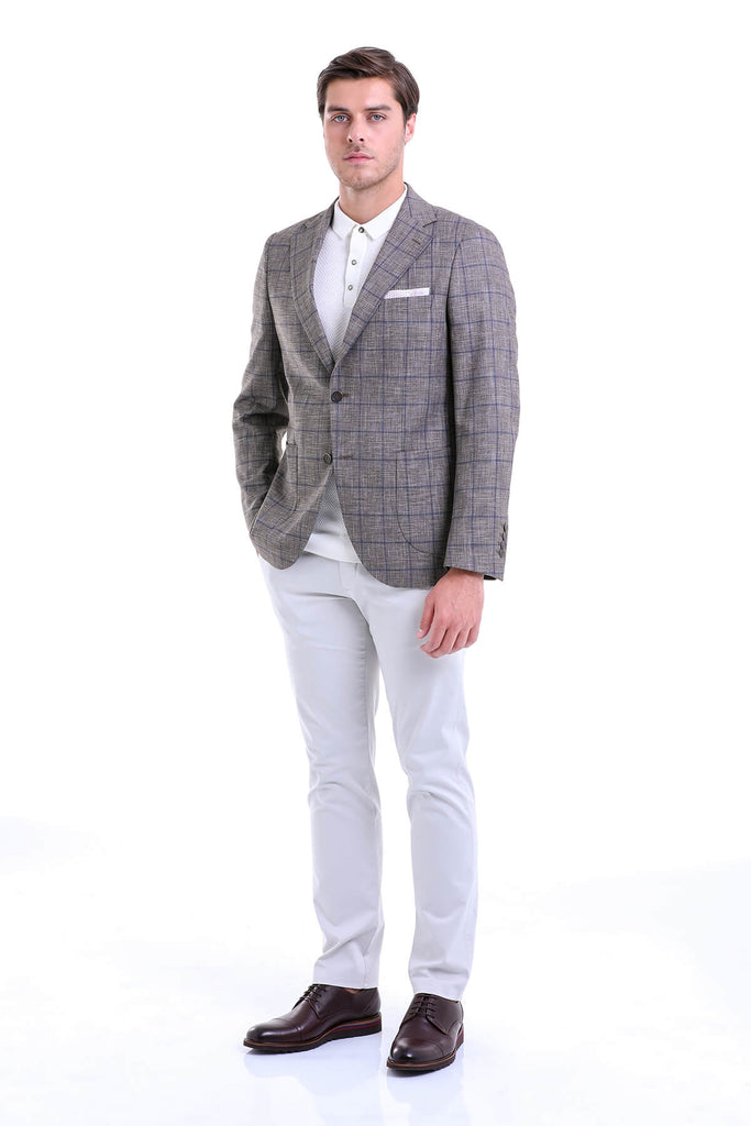 Slim Fit Notch Lapel Checked Linen Blue Classic Blazer