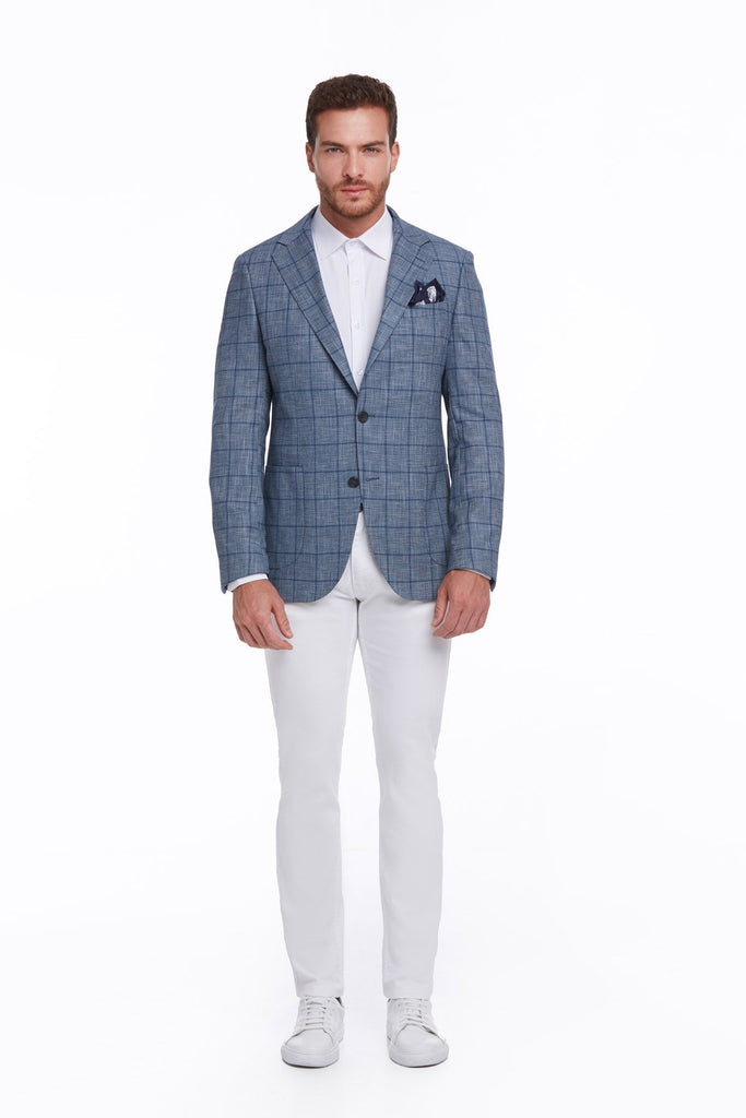 Slim Fit Notch Lapel Checked Linen Blue Classic Blazer