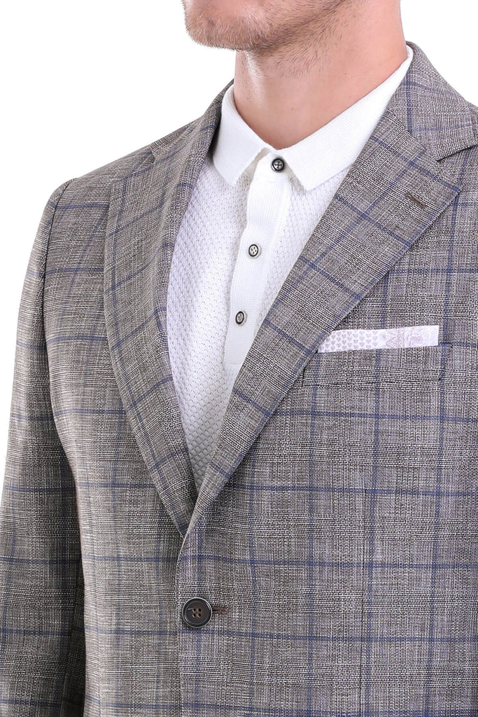 Slim Fit Notch Lapel Checked Linen Blue Classic Blazer