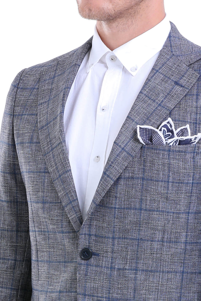 Slim Fit Notch Lapel Checked Linen Blue Classic Blazer