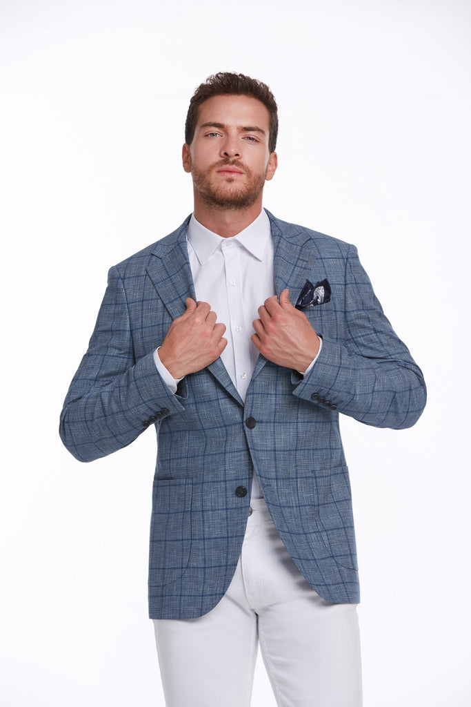 Slim Fit Notch Lapel Checked Linen Blue Classic Blazer