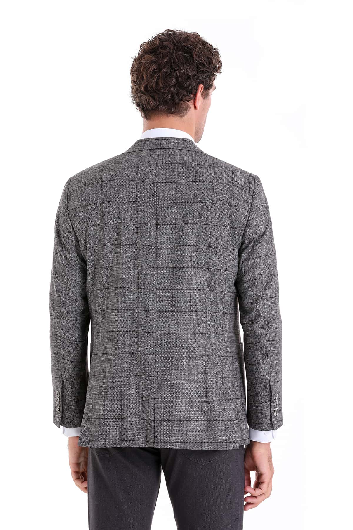 Slim Fit Notch Lapel Checked Linen Burgundy Classic Blazer