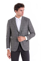 Slim Fit Notch Lapel Checked Linen Burgundy Classic Blazer