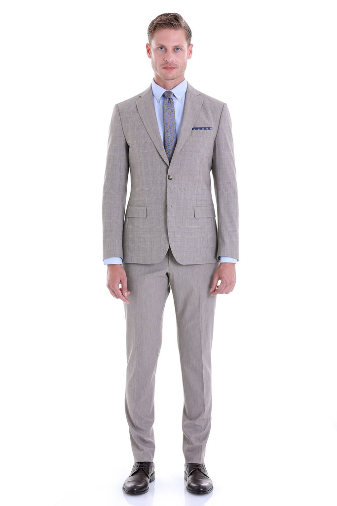 Slim Fit Notch Lapel Checked Wool Blend Casual Suit Beige