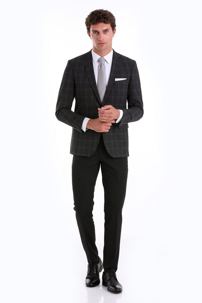 Slim Fit Notch Lapel Checked Wool Blend Casual Suit