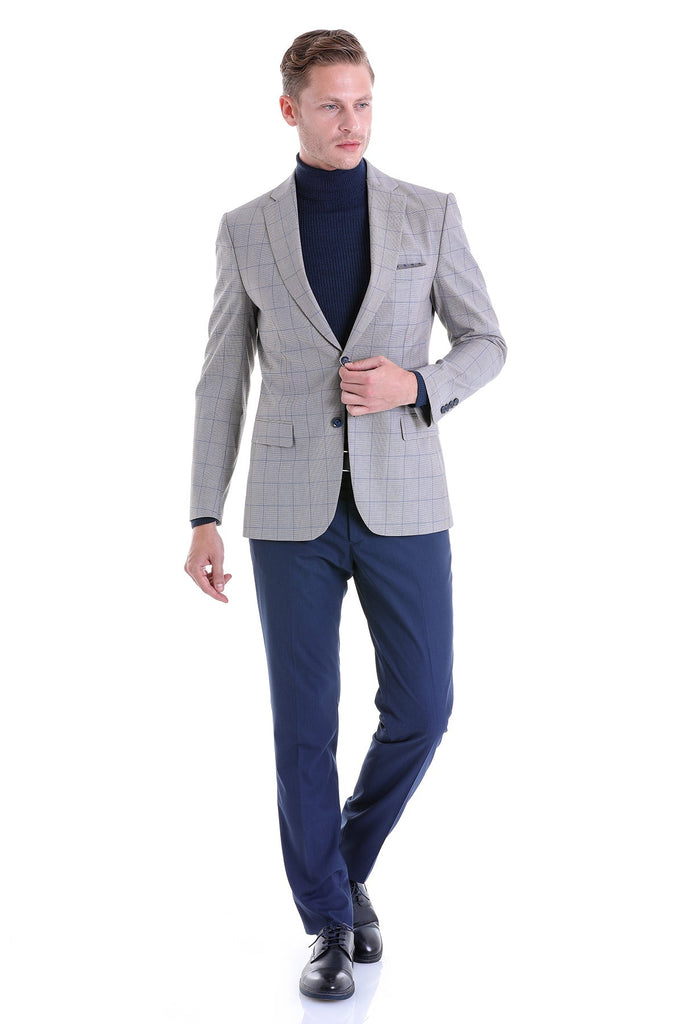 Slim Fit Notch Lapel Checked Wool Blend Casual Suit Gray K.