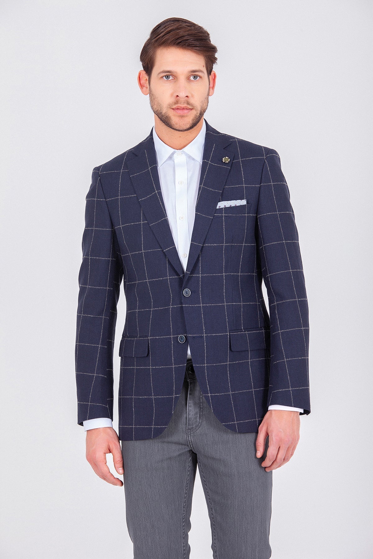 Slim Fit Notch Lapel Checked Wool & Linen Blend Dark Navy