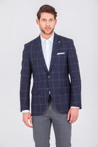 Slim Fit Notch Lapel Checked Wool & Linen Blend Dark Navy