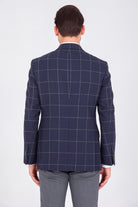 Slim Fit Notch Lapel Checked Wool & Linen Blend Dark Navy