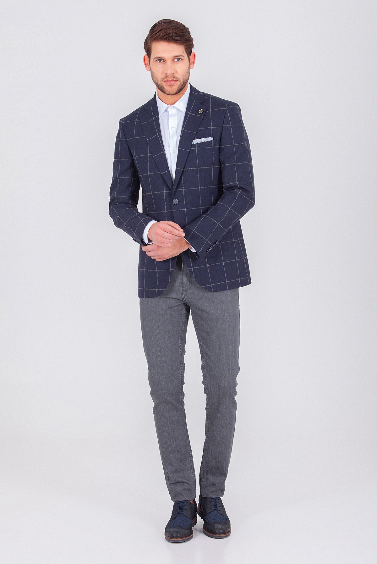 Slim Fit Notch Lapel Checked Wool & Linen Blend Dark Navy