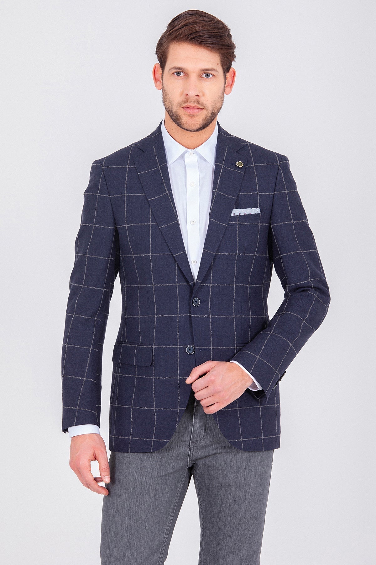 Slim Fit Notch Lapel Checked Wool & Linen Blend Dark Navy