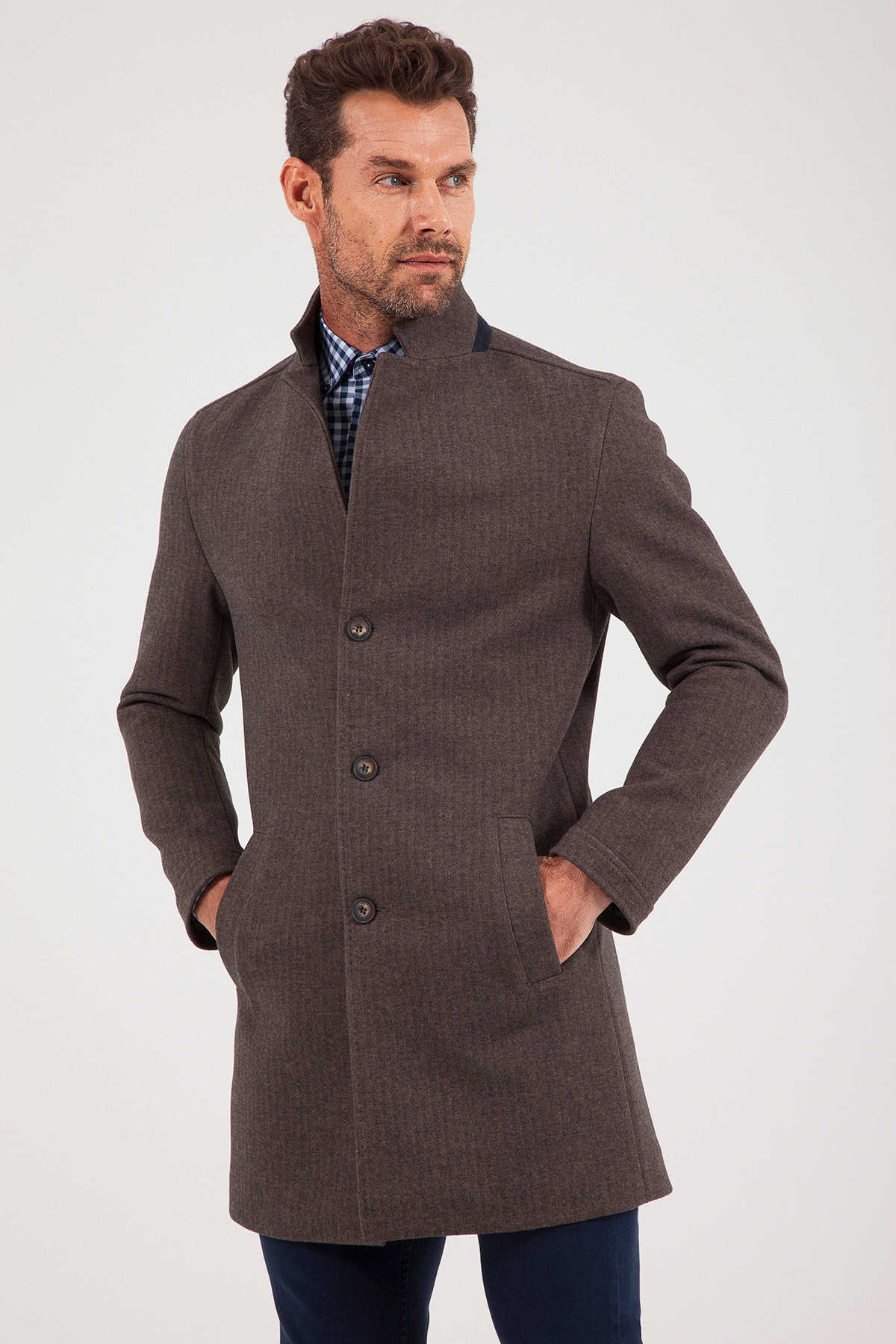 Slim Fit Notch Lapel Cotton Blend Brown Overcoat Brown