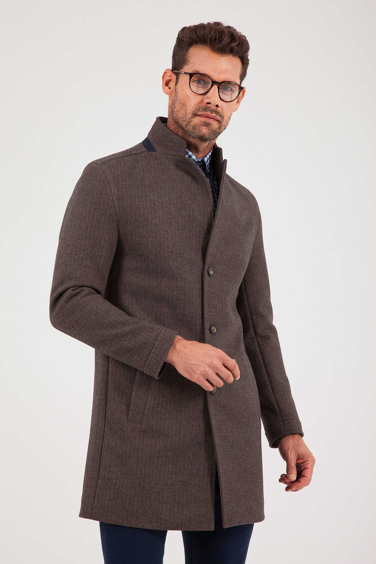 Slim Fit Notch Lapel Cotton Blend Brown Overcoat Brown