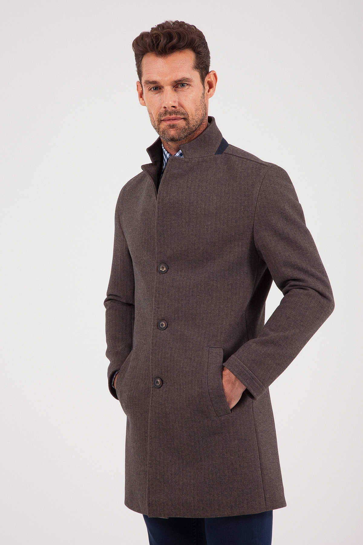 Slim Fit Notch Lapel Cotton Blend Brown Overcoat Brown