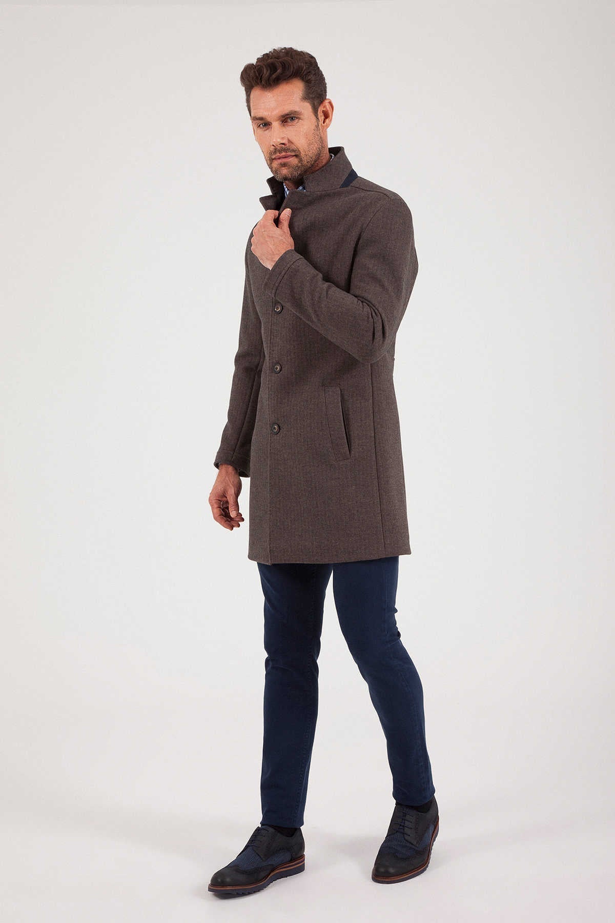 Slim Fit Notch Lapel Cotton Blend Brown Overcoat Brown