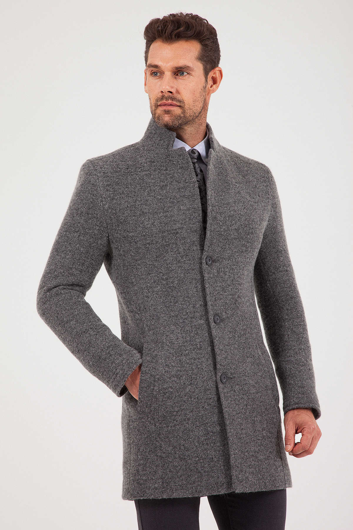 Slim Fit Notch Lapel Felt Wool Dark Gray Overcoat Dark Gray