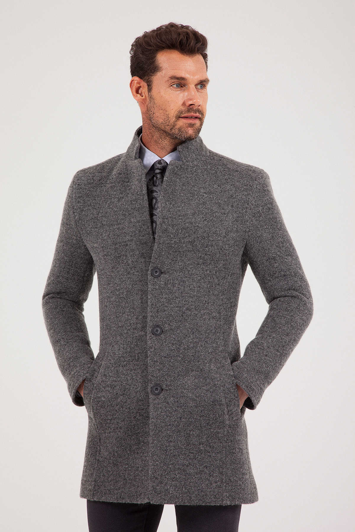 Slim Fit Notch Lapel Felt Wool Dark Gray Overcoat Dark Gray