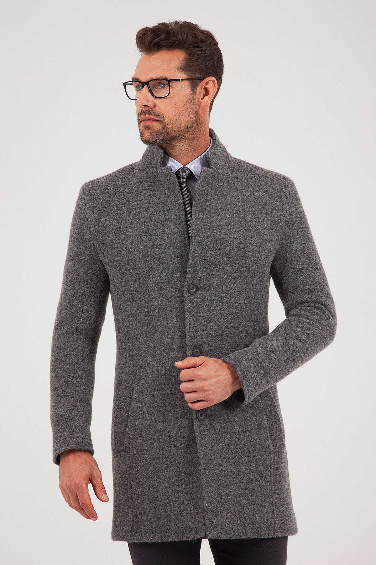 Slim Fit Notch Lapel Felt Wool Dark Gray Overcoat Dark Gray