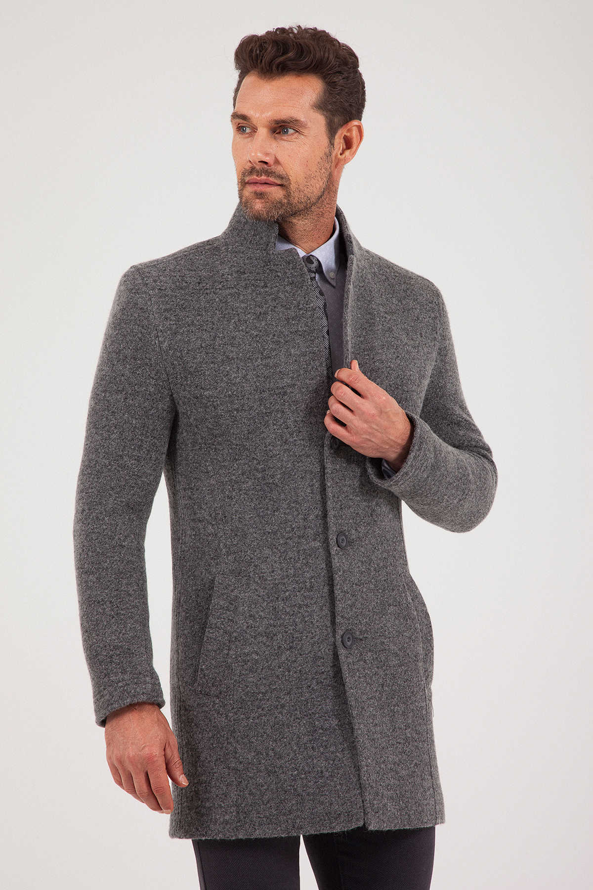 Slim Fit Notch Lapel Felt Wool Dark Gray Overcoat Dark Gray