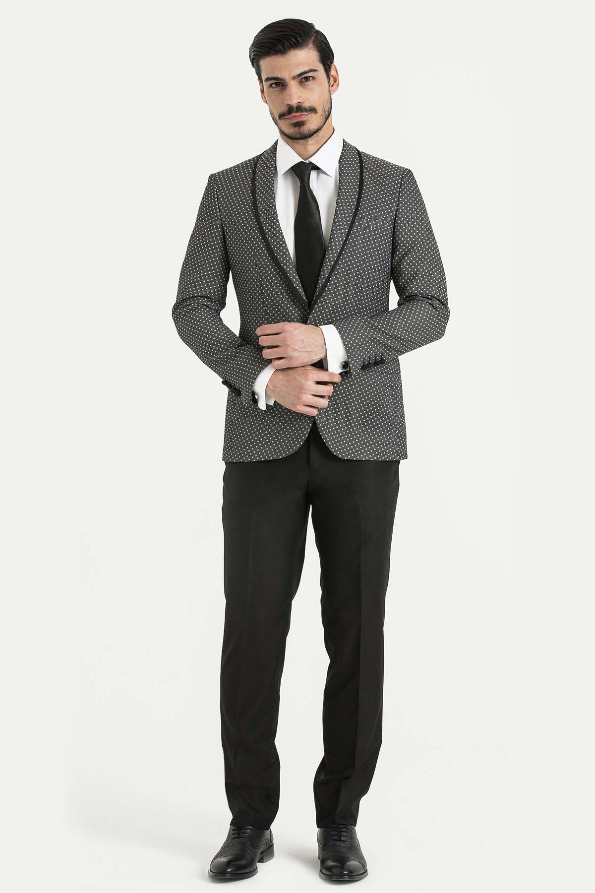 Slim Fit Notch Lapel Gray Casual Blazer - SAYKI