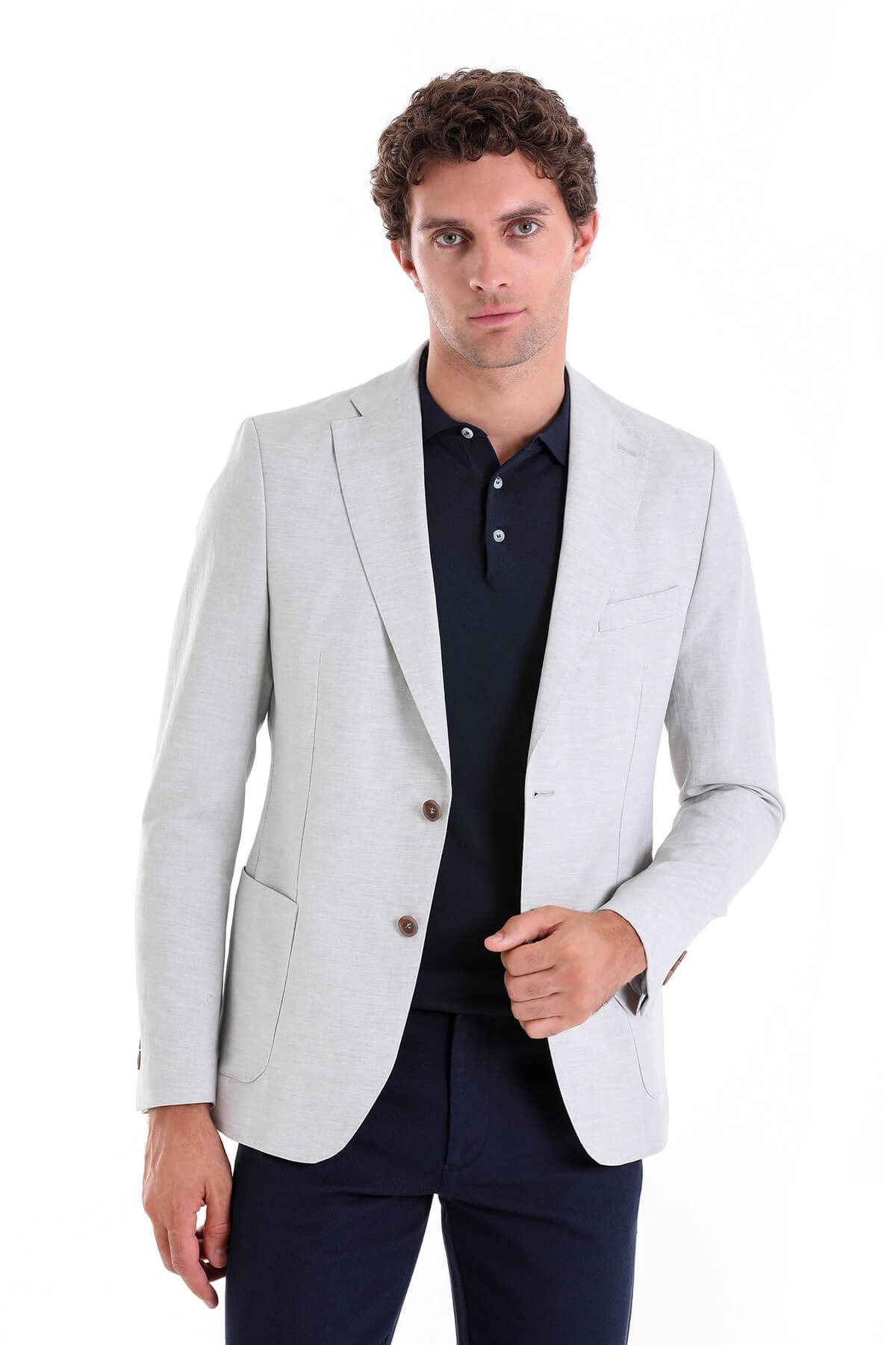 Slim Fit Notch Lapel Gray Linen Casual Blazer - SAYKI