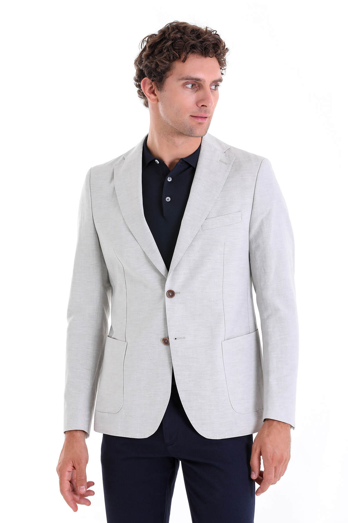 Slim Fit Notch Lapel Gray Linen Casual Blazer - SAYKI