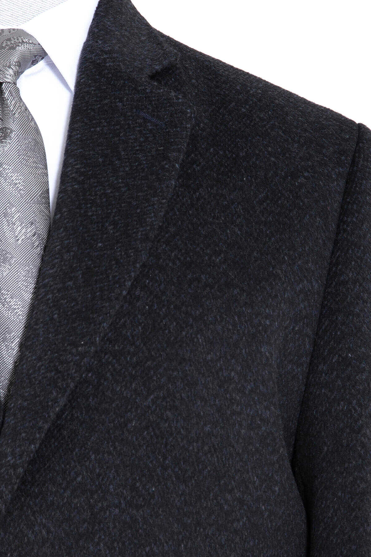 Slim Fit Notch Lapel Heathered Navy Wool Blend Overcoat