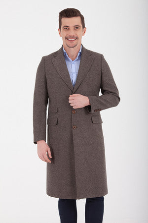 Slim Fit Notch Lapel Helmond Wool Light Brown Overcoat