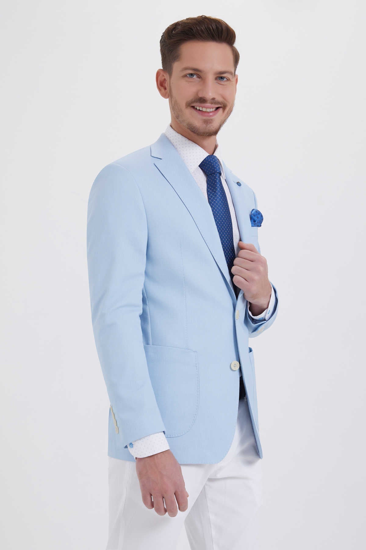 Slim Fit Notch Lapel Ice Blue Cotton Blend Classic Blazer