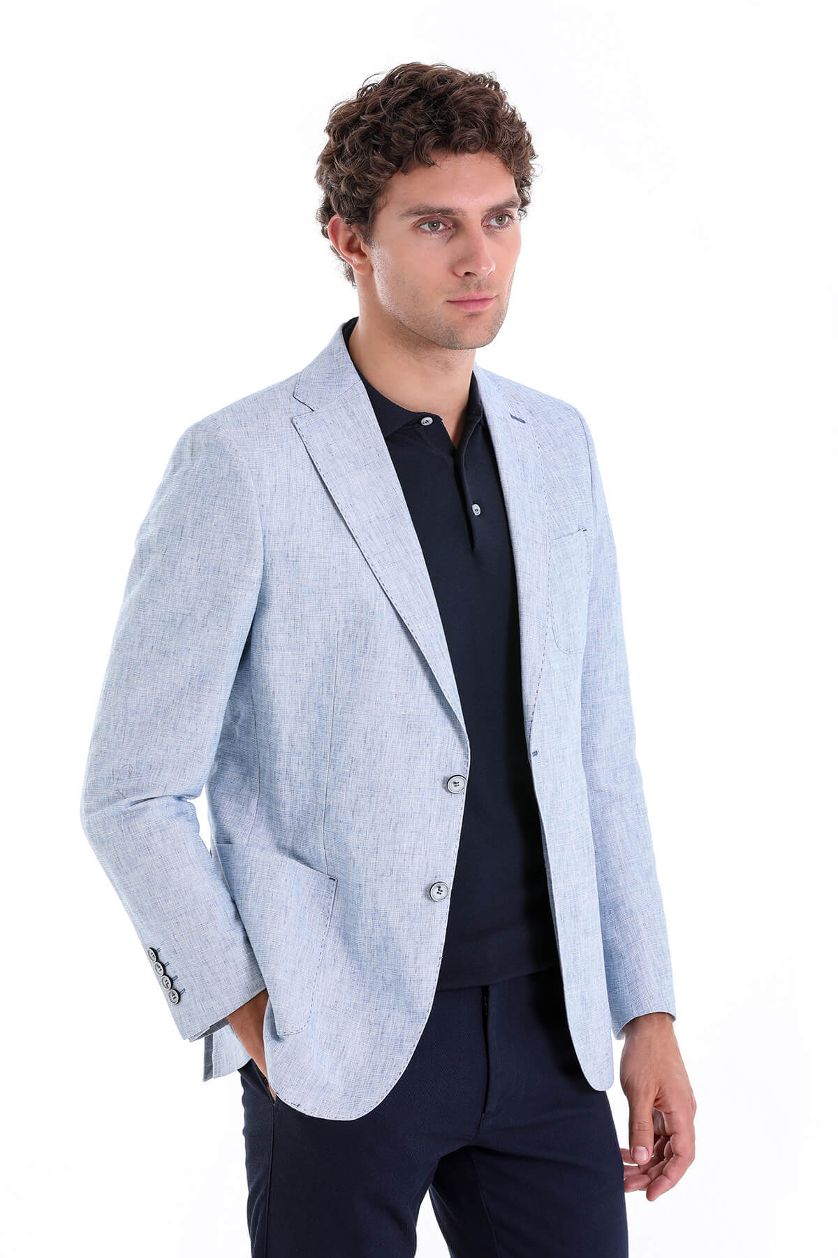 Slim Fit Notch Lapel Ice Blue Linen Casual Blazer - SAYKI