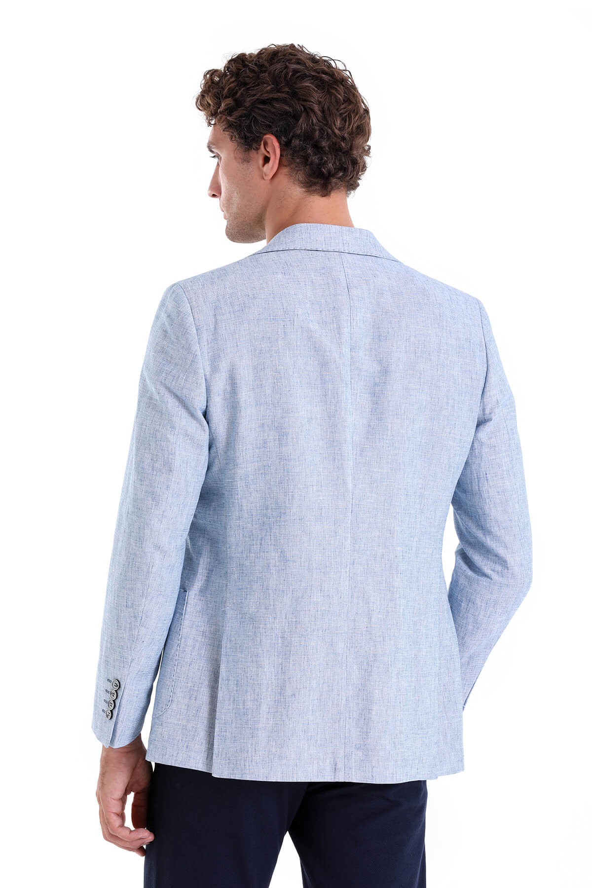 Slim Fit Notch Lapel Ice Blue Linen Casual Blazer - SAYKI